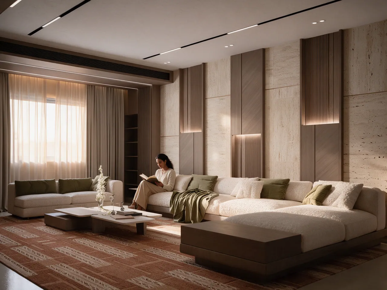 Oak Residence — living room in travertine, oak and walnut